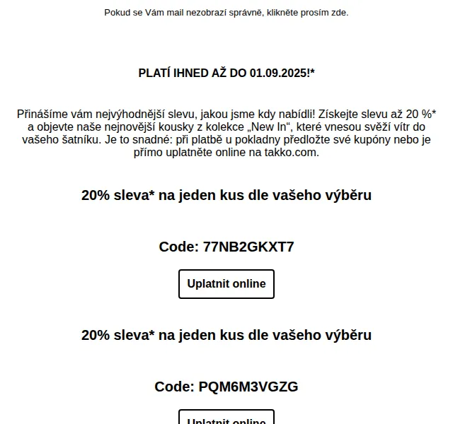 Takko Fashion: Až 20% sleva na vybrané kousky – červenec 2026 | Nuslet.cz