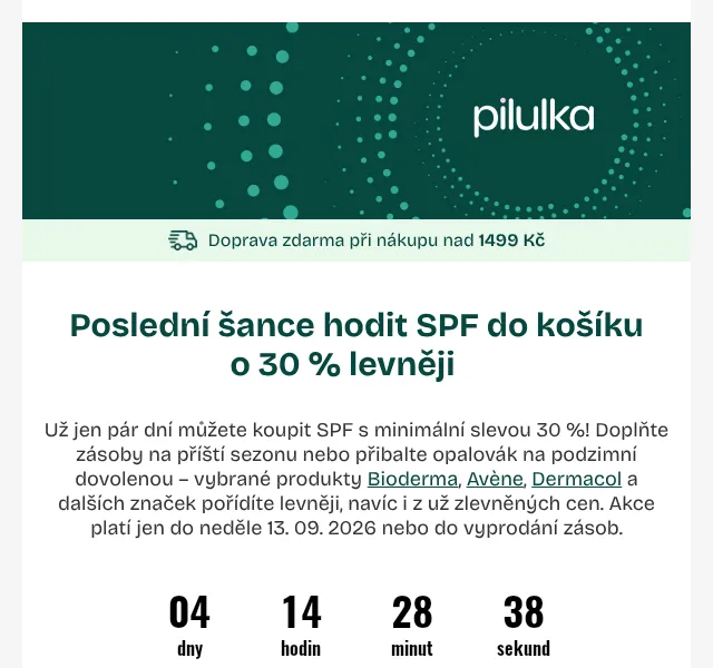 Pilulka.cz: SPF Bioderma, Avène -30 % – září 2026