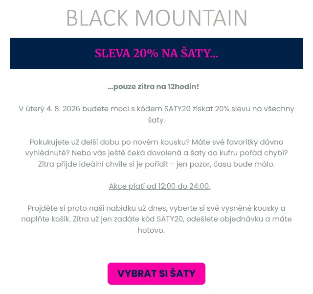 Black Mountain: Sleva 20 % na šaty – srpen 2026 | Nuslet.cz