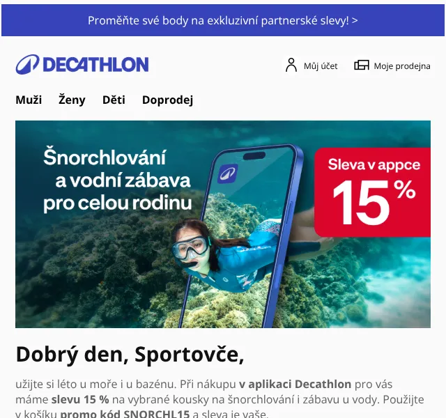 Decathlon: 15 % sleva na šnorchlování a vodní sport – červenec 2026