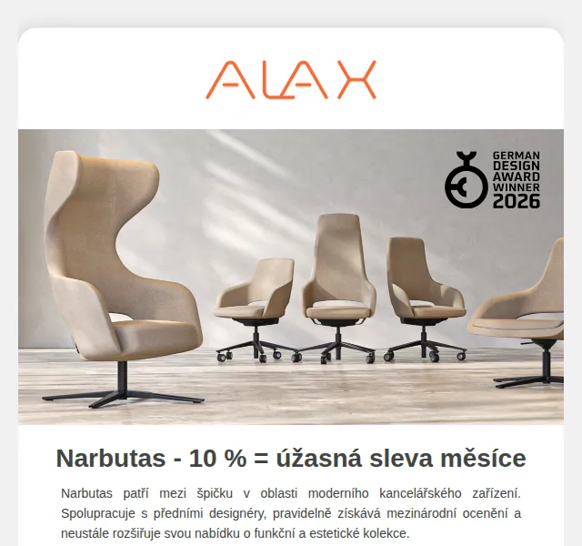 ALAX nábytek: Exkluzivní 10% sleva na Narbutas – červenec 2026 | Nuslet.cz