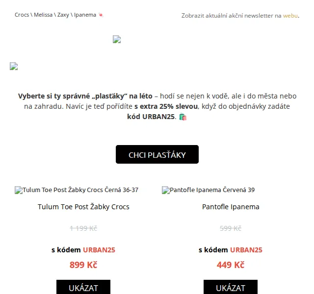 UrbanStore: Plastové a gumové boty Crocs, Melissa, Zaxy, Ipanema se slevou 25 % – červen 2026 | Nuslet.cz