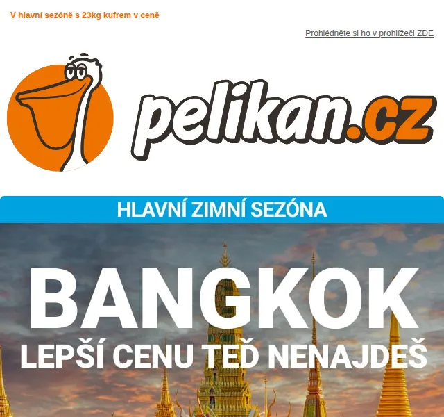 Pelikan: Letenka do Bangkoku s 23kg kufrem – červenec 2026 | Nuslet.cz