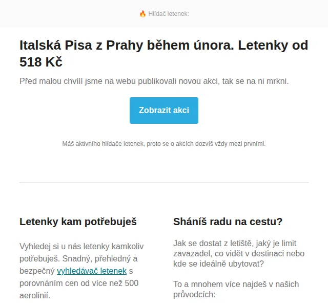 Cestujlevne.com: Italská Pisa z Prahy – letenky od 518 Kč – únor 2026 | Nuslet.cz