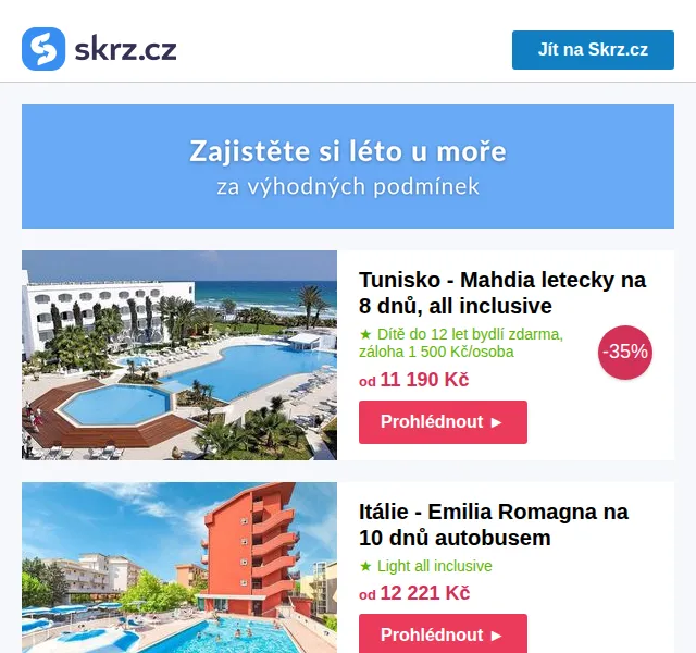Skrz.cz: First minute zájezdy s all inclusive od 11 190 Kč – červenec 2026 | Nuslet.cz