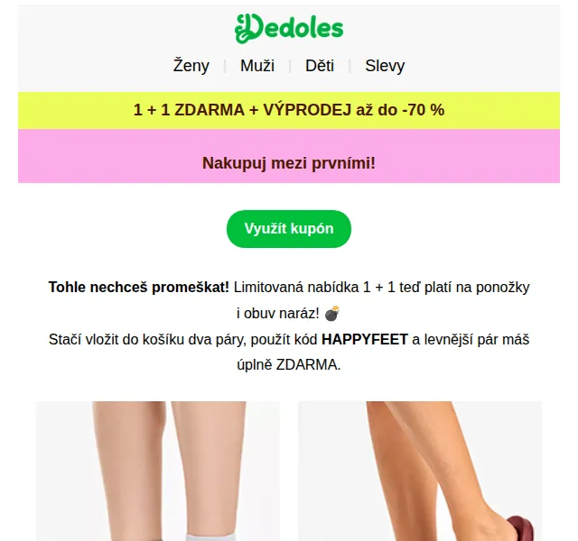 Dedoles.cz: 1+1 a slevy až -70 % na ponožky a obuv – červenec 2026 | Nuslet.cz