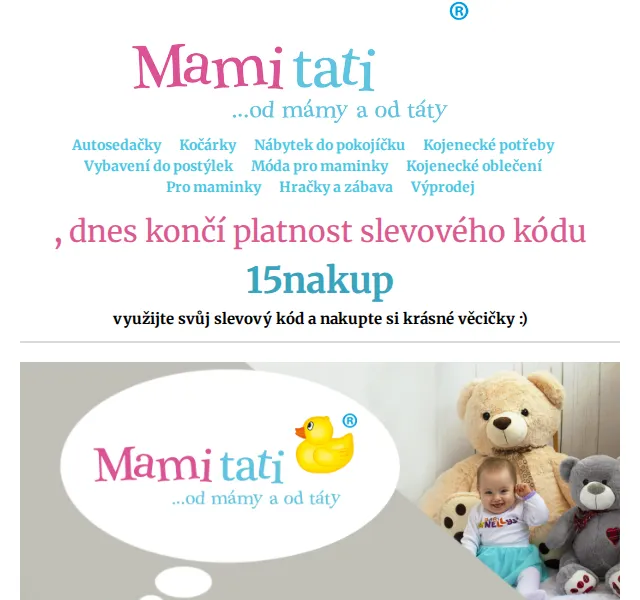 Mamitati.cz: Sleva 15% na oblečení, hračky i potřeby pro miminka – červenec 2026 | Nuslet.cz