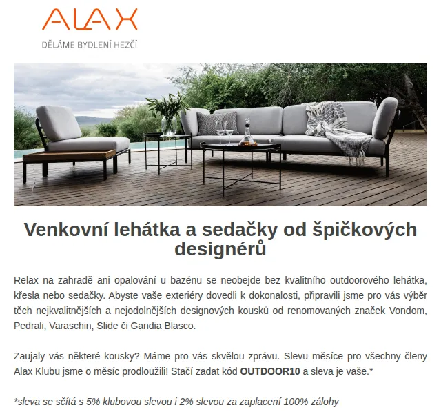 ALAX nábytek: venkovní lehátka a sedačky se slevou až 17 % – červen 2026 | Nuslet.cz