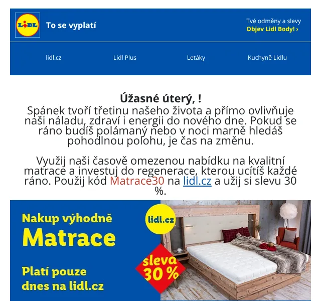 Lidl: matrace se slevou 30 % – září 2026