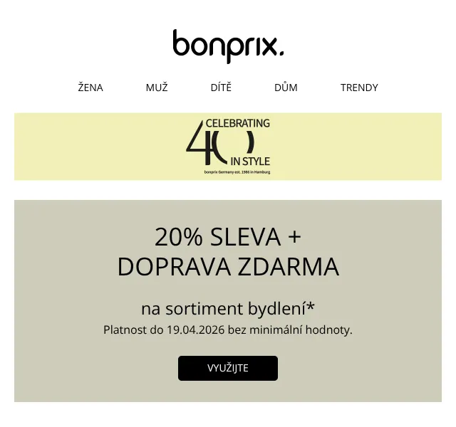 Bonprix: 20% sleva na bytové doplňky – duben 2026