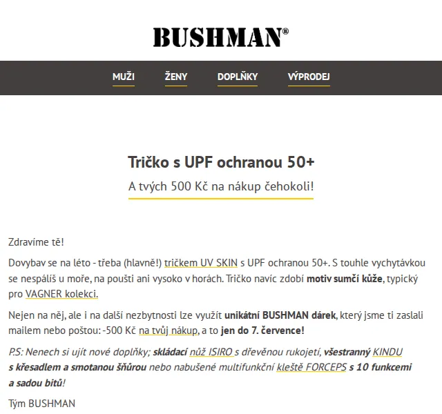 BUSHMAN: UV tričko s UPF 50+ a 500 Kč sleva – červenec 2026 | Nuslet.cz