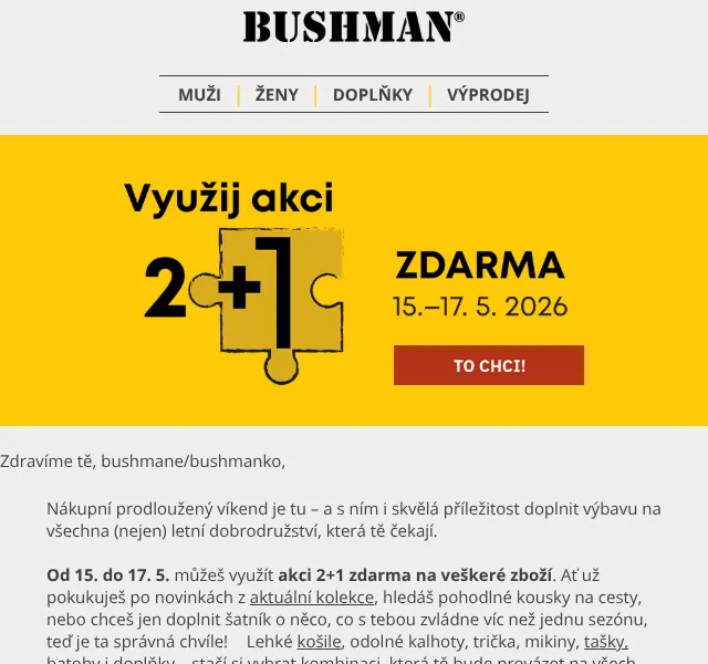 BUSHMAN: Akce 2+1 zdarma – květen 2026 | Nuslet.cz