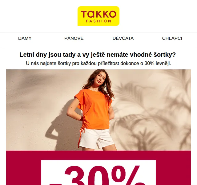 Takko Fashion: Extra 30% na šortky – červenec 2026 | Nuslet.cz