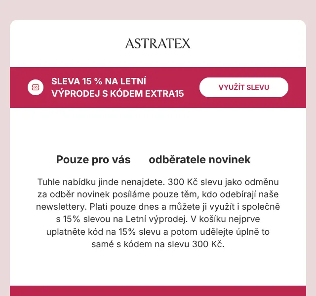 Astratex.cz: Sleva 300 Kč + 15 % na letní prodej – červen 2026