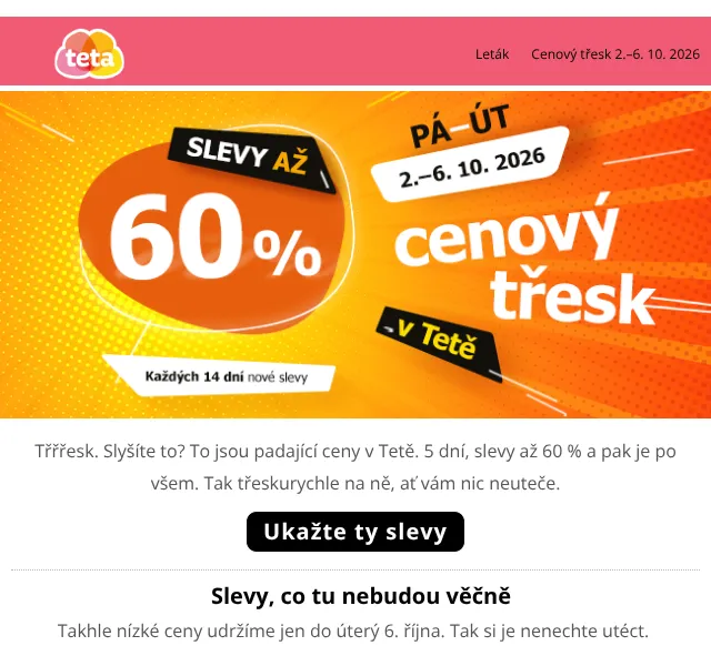 Teta drogerie: slevy až 60 % – říjen 2026