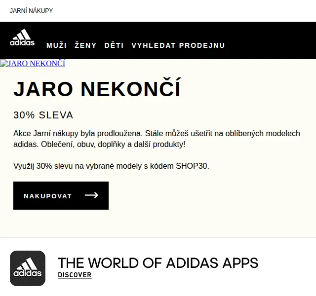 adidas: Jarní nákupy – 30% sleva | červen 2026 | Nuslet.cz