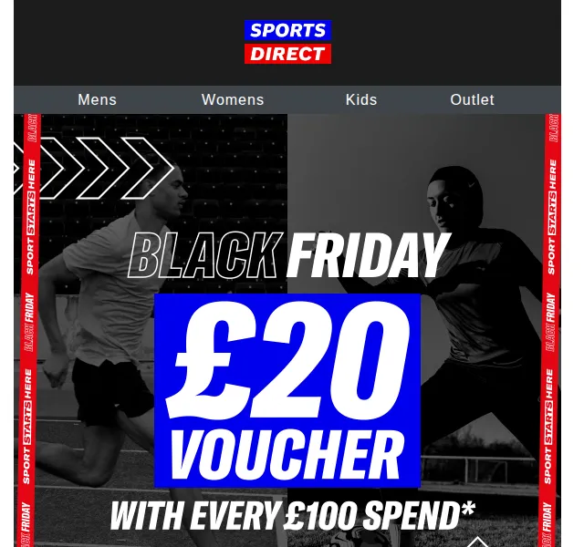 Sportsdirect: Black Friday – £20 voucher při nákupu £100 – červen 2026 | Nuslet.cz