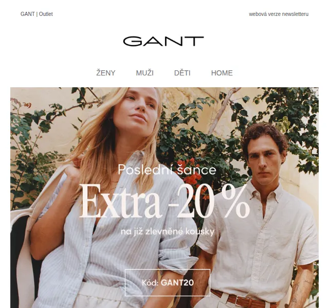 GANT: Extra 20 % sleva na outlet – květen 2026