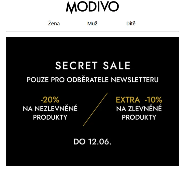 Modivo: Secret Sale -20 % a extra -10 % – červen 2026 | Nuslet.cz