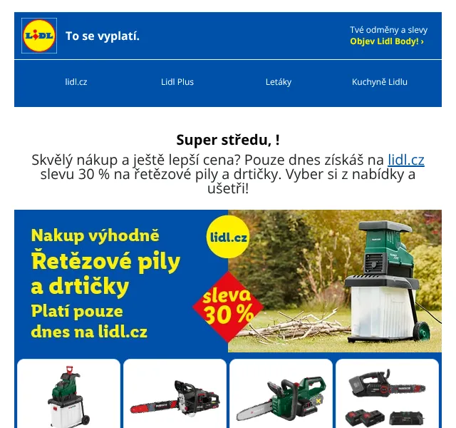 Lidl: Řetězové pily a drtičky – 30 % sleva – září 2026