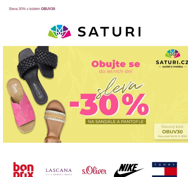 Saturi: Sleva 30 % na sandále a pantofle – červenec 2026 | Nuslet.cz