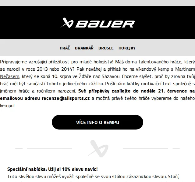 Bauer Hockey Česko: 10% sleva na dětské vybavení – červenec 2026 | Nuslet.cz