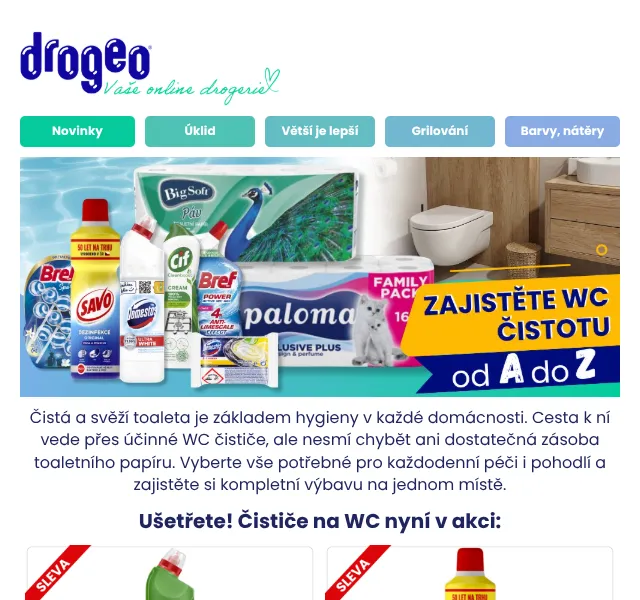Drogeo: WC čističe a toaletní papír – srpen 2026 | Nuslet.cz