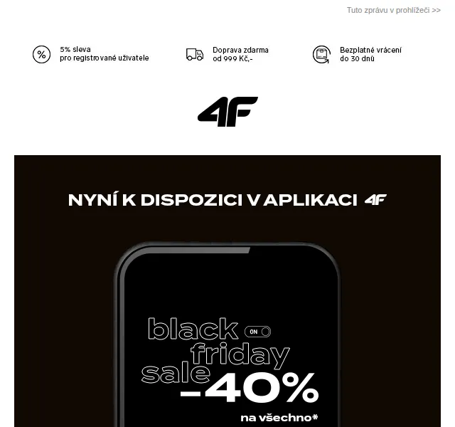 4Fstore.cz: -40% na vše v aplikaci – Black Friday 2026 | Nuslet.cz