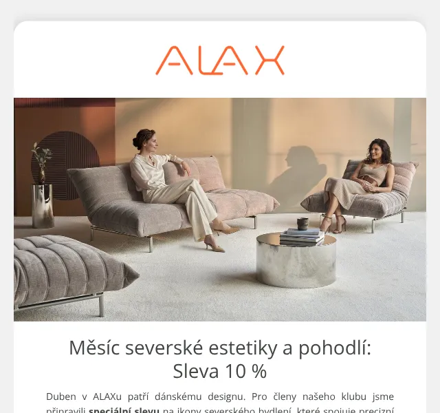 ALAX nábytek: 10 % sleva na dánský design – duben 2026