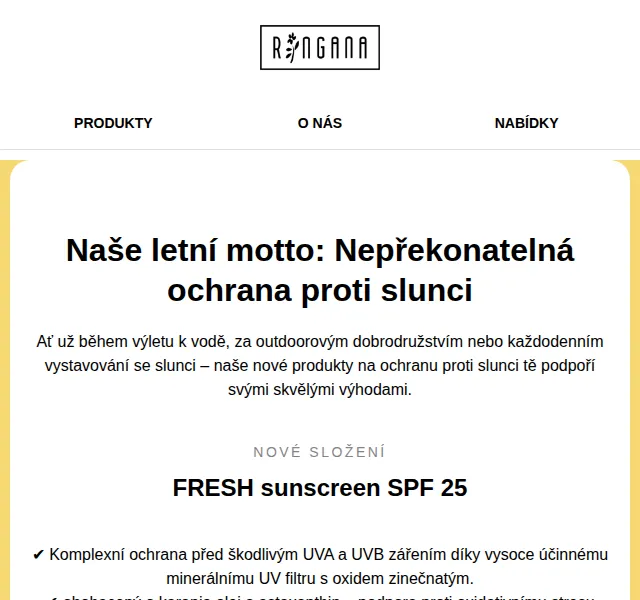 RINGANA: Fresh Sunscreen SPF 25 a Baby Sunscreen SPF 50 – červenec 2026 | Nuslet.cz