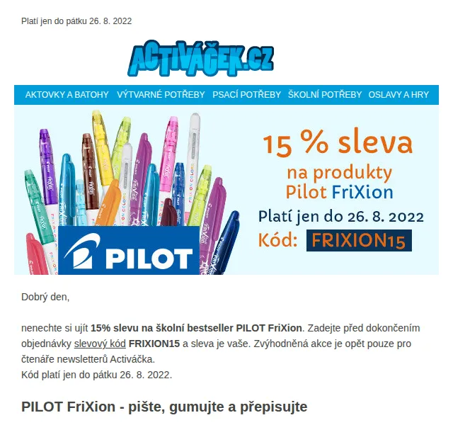 Activacek.cz: 15% sleva na PILOT FriXion – červen 2026 | Nuslet.cz