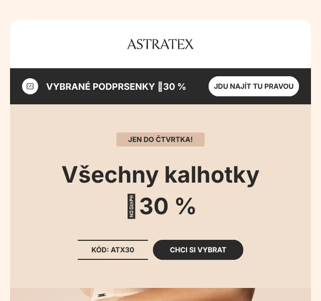 Astratex: Kalhotky −30 % + podprsenky – květen 2026