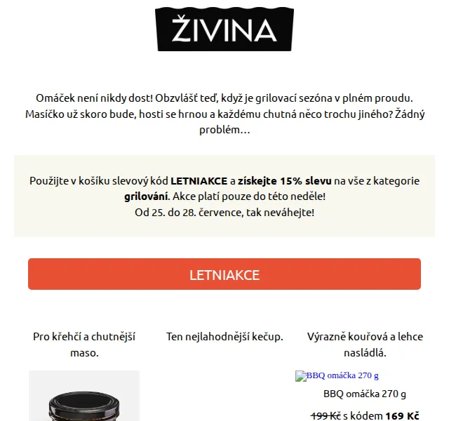 Živina: 15% sleva na grilovací omáčky – červenec 2026 | Nuslet.cz