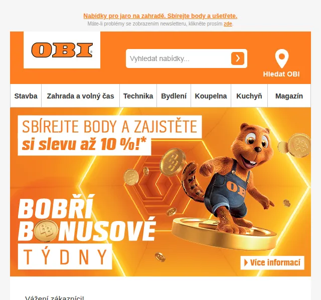 OBI Novinky: Bobří bonusové týdny – sleva až 10 % – květen 2026 | Nuslet.cz