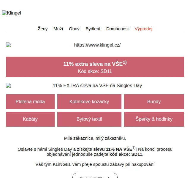 KLiNGEL: Sleva 11% na vše na Singles Day – červen 2026 | Nuslet.cz