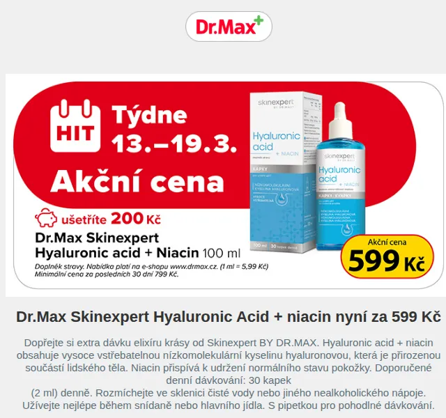 Dr.Max E-shop: Skinexpert Hyaluronic Acid + niacin 599 Kč – březen 2026 | Nuslet.cz