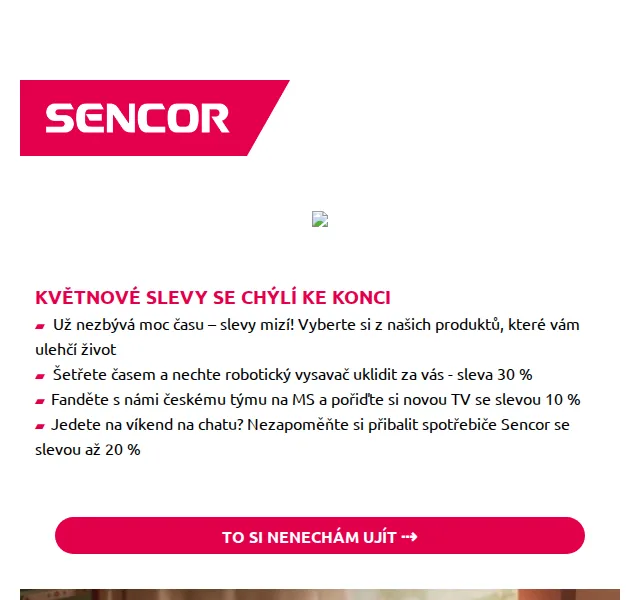 Sencor: 30% na robotické vysavače, slevy na TV a chatu – květen 2026 | Nuslet.cz