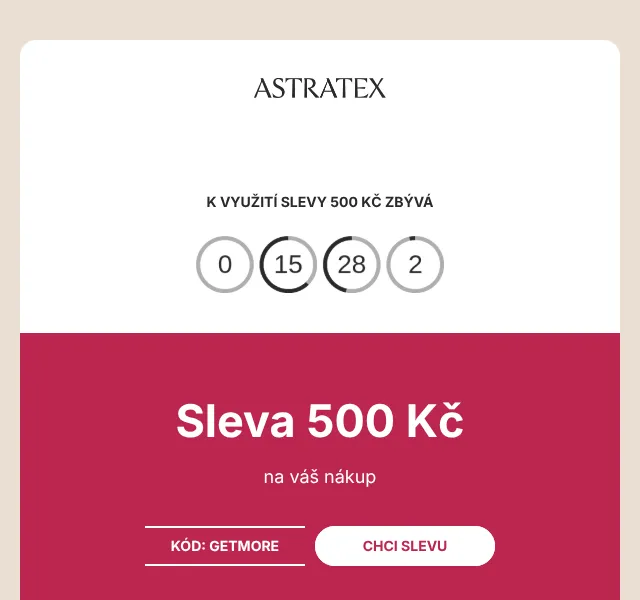 Astratex.cz: Sleva 500 Kč + až –50 % plavky – červen 2026