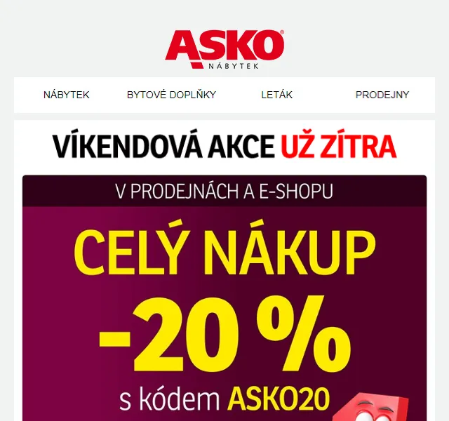 Asko Nábytek: SLEVA –20 % na celý nákup už 3. 7. – červenec 2026 | Nuslet.cz