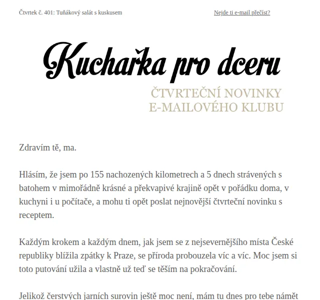 Florentýna - Kuchařka pro dceru: Tuňákový salát s kuskusem – červen 2026 | Nuslet.cz
