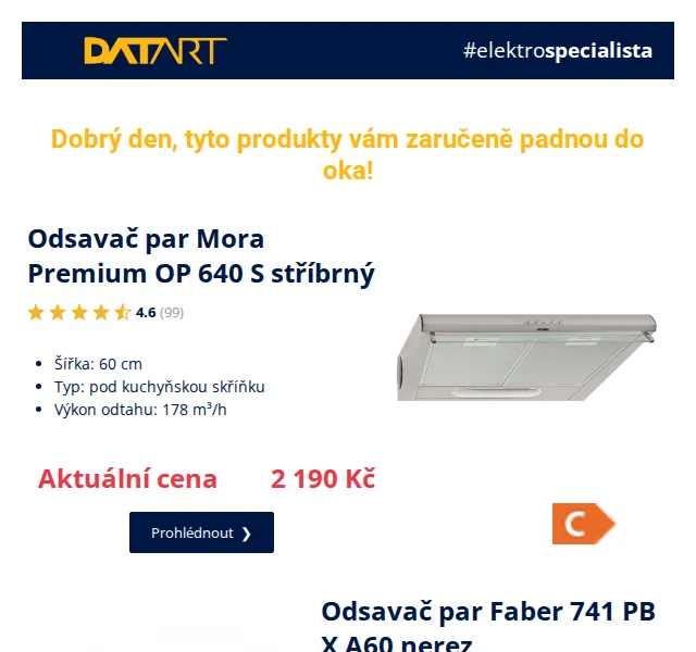 DATART: Odsavy par Mora, Faber, Amica – srpen 2026 | Nuslet.cz
