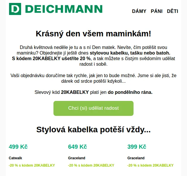 DEICHMANN: Sleva 20 % na kabelky pro Den matek – červen 2026 | Nuslet.cz