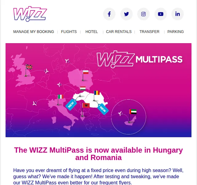 Wizz Air: MultiPass předplatné – červenec 2026 | Nuslet.cz