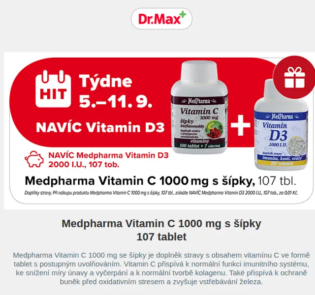 Dr.Max E-shop: Vitamin C Medpharma 1000mg + Vitamin D3 za 0,01 Kč – září 2022 | Nuslet.cz