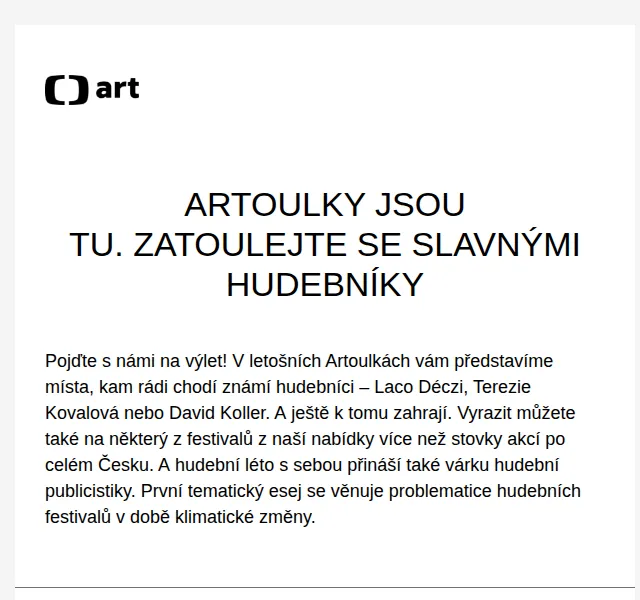 Web ČT art: Artoulky – výlety s hudebníky – červenec 2026 | Nuslet.cz