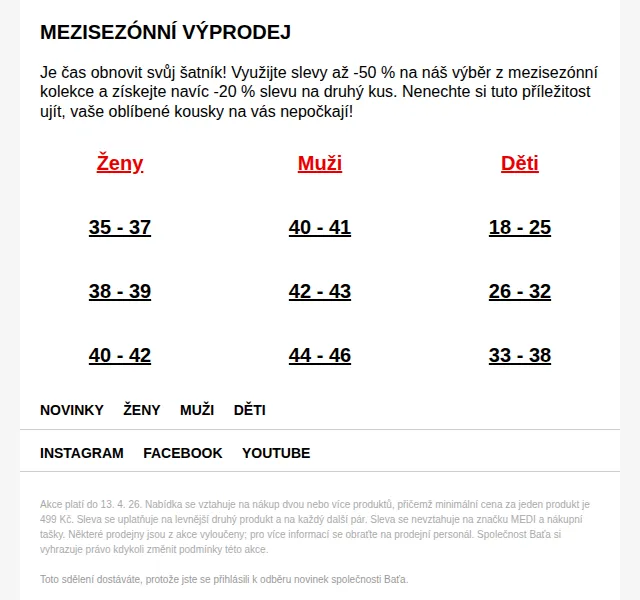 Baťa: sleva až -50 % + extra -20 % – duben 2026