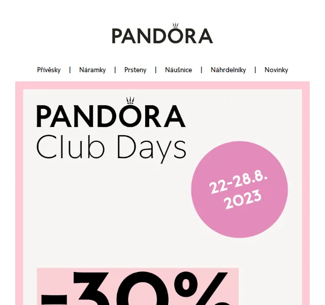 Pandora: SLEVA 30 % na šperky – Club Days – červenec 2026 | Nuslet.cz