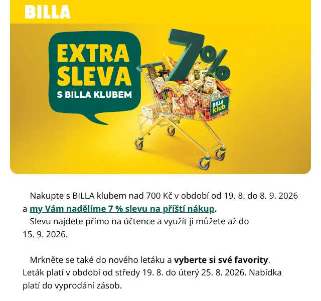 Billa: 7 % sleva + kury za 49,90 Kč – srpen 2026