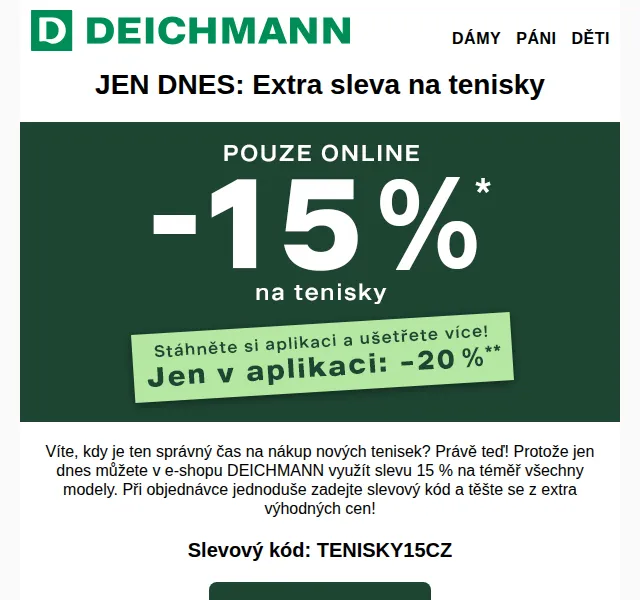DEICHMANN: -15 % na tenisky jen dnes (v aplikaci -20 %) – červenec 2026 | Nuslet.cz