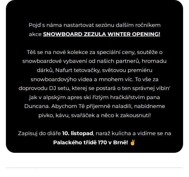 SNOWBOARD ZEZULA: Winter Opening 10. 11. v Brně – listopad 2026 | Nuslet.cz